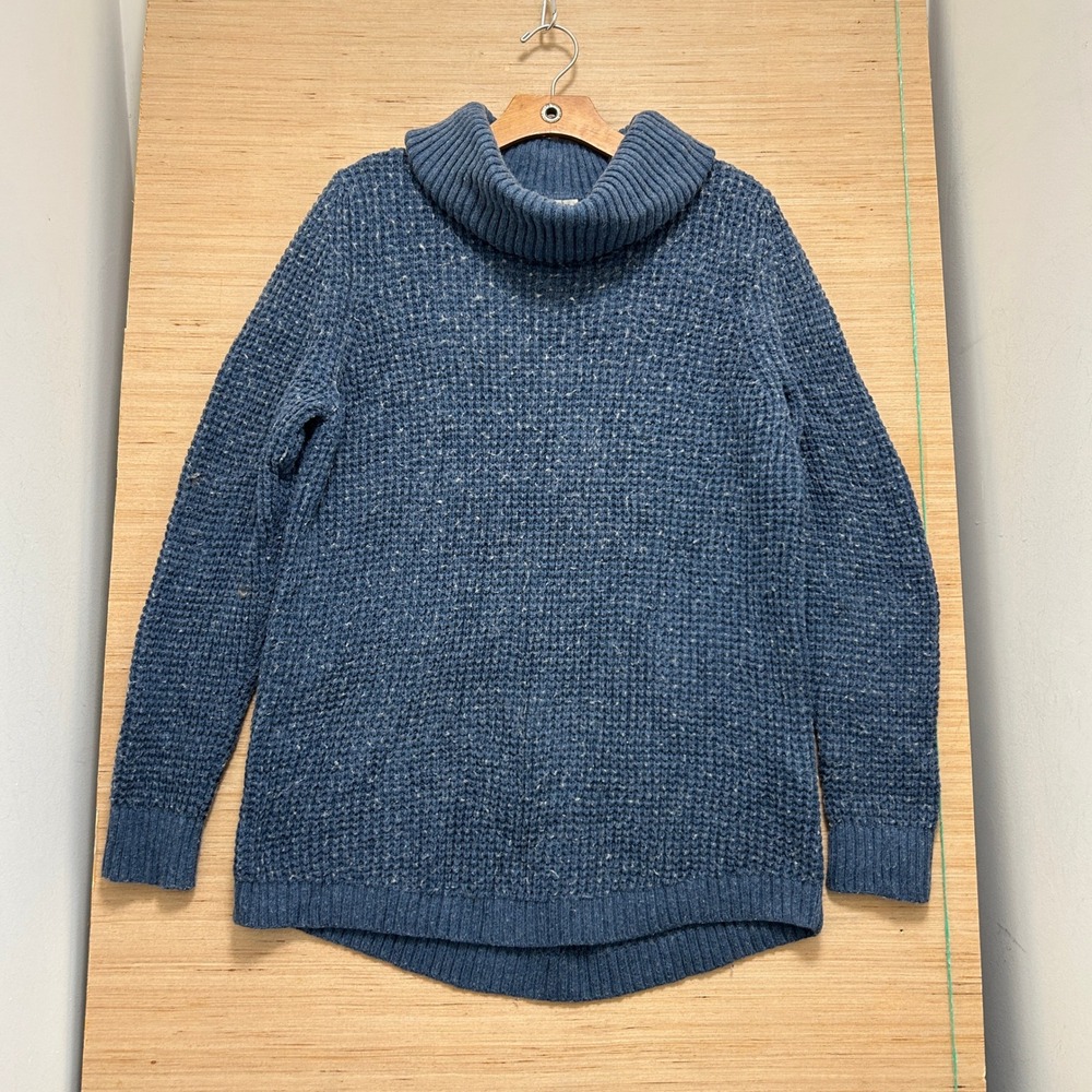 LL Bean Blue Marl Waffle Knit Cowl Neck Sweater XL Relaxed Fit High Low Hem